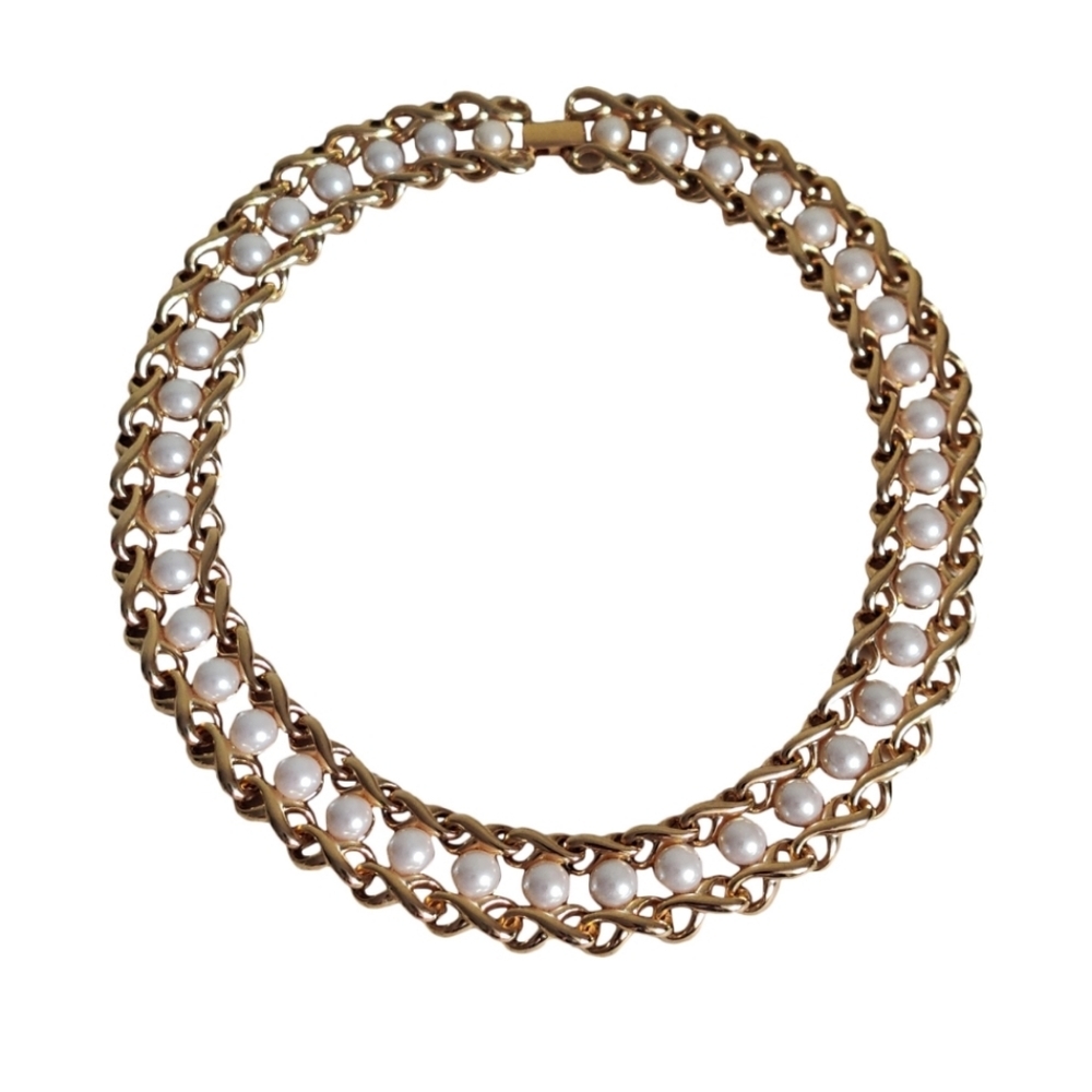 Vintage 80s Napier Chunky Curb Chain Necklace w/Pearls